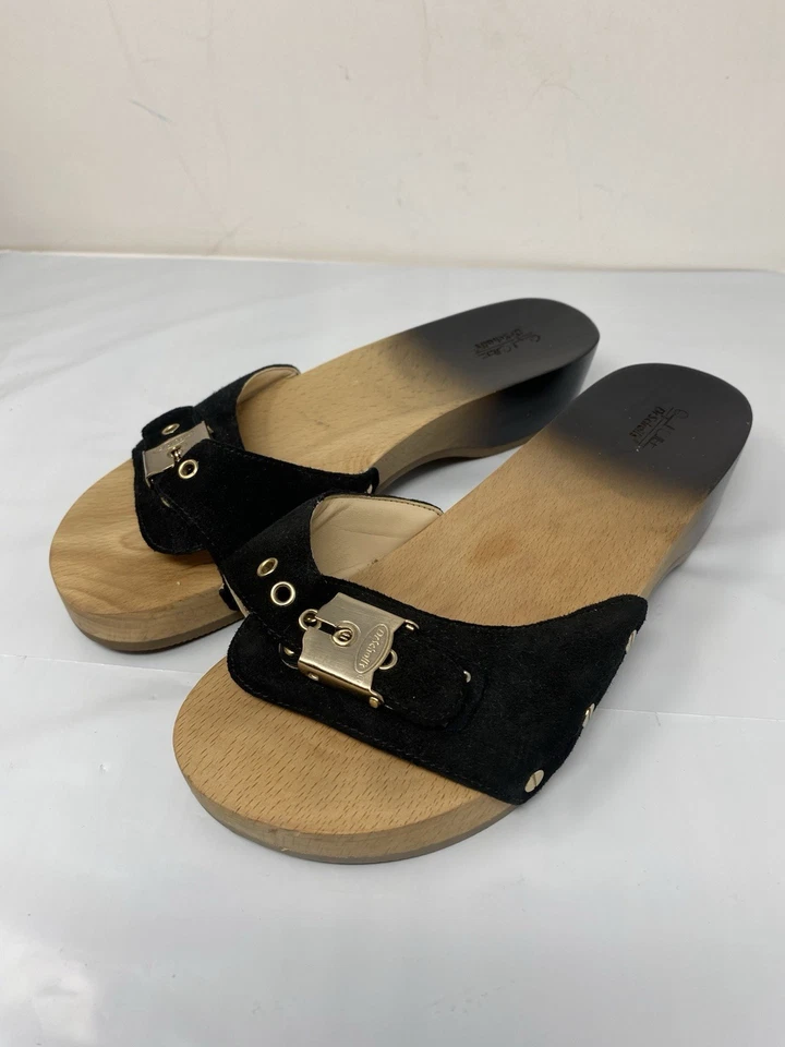 Dr. Scholls Original Collection black suede wooden heel sandal size 6 M - Image 1 of 4