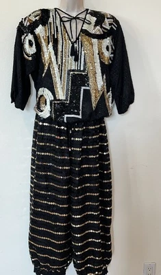 ÚNICO Pantalones de Colección Diane Freis Lentejuelas Abstracto Top y Harén Negro Dorado Blanco Años 80 Foto 1 de 4