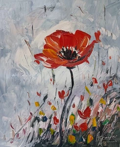 Original Poppies Flowers Hand Painted Oil Painting Floral Wall Art 12x15 inches - Picture 1 of 7