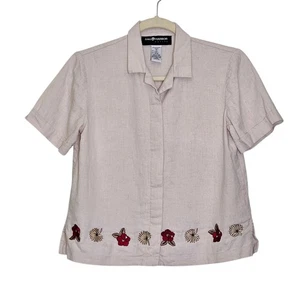 Sag Harbor Petite Embroidered Linen Blend Short Sleeve Button Up Shirt Top 4P - Picture 1 of 8