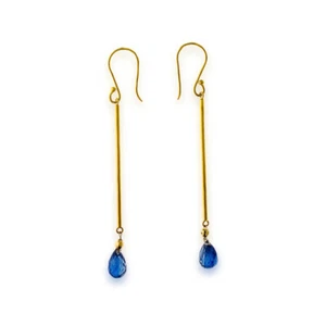 NATURAL BLUE SAPPHIRE TEARDROP LONG EARRING HAND CRAFTED 18K YELLOW GOLD - Picture 1 of 4