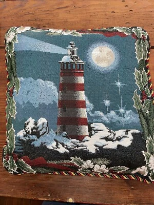 Lighthouse Throw Pillow Decor Rope Trim Christmas Winter Size 15” X 15” EUC - Image 1 of 4