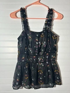 Camiseta sin mangas Old Navy de gasa con volantes y correa para mujer S negra floral escalera encaje - Imagen 1 de 6