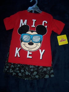 New DISNEY Mickey Mouse 2pc SHORT SET 4T T-shirt red & black 100% cotton GIFTABL - Picture 1 of 5