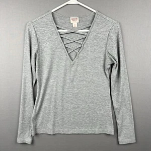 Mossimo Women's Blouse M Gray Long Sleeve Stretch V-Neck Shirt - Picture 1 of 9