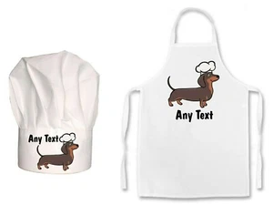KIDS CHILDS PERSONALISED Sausage Dog Chef Print Chefs Hat / Apron Set Christmas  - Picture 1 of 6