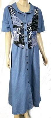 Maxi Camisa Vestido Vintage Años 70 80 Denim Midi Patchwork Chaleco Estilo Pradera XL 16 Foto 1 de 4