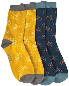 Mens Socks Bikes Bicycles 2 Pair Pack Novelty Yellow Navy Blue Bamboo Cotton New - Picture 1 of 6
