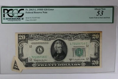1950D $20 PCGS  AU53 ERROR GUTTER FOLD ON FACE AND BACK    FR.2063L - Image 1 of 2