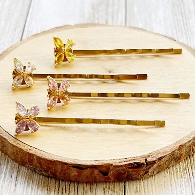 Juego de alfileres para el cabello mariposa diamantes de imitación rosa amarillo púrpura tono dorado para mujer Foto 1 de 4