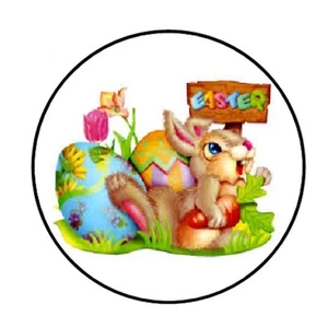 48 EASTER BUNNY EGGS ENVELOPE SEALS LABELS STICKERS 1.2" ROUND - Picture 1 of 1