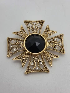 Vintage Maltese Cross Brooch Pin Large Black Faced Crystal Old Gold Tone - Picture 1 of 4