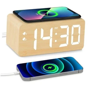 Wood Digital Alarm Clock with 10W Fast Wireless Charger, USB Charging Bamboo - Picture 1 of 8