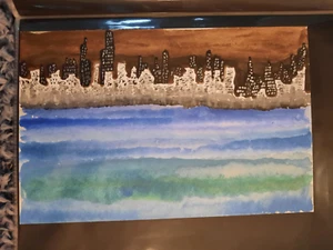 Small Watercolor Landscape Painting "Another Future Skyline". Paul Eres. 5.5x8.5 - Picture 1 of 4