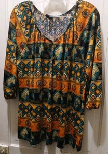 Lapis Blouse Top Woman Size Large Orange Teal Geometric Tribal 3/4 Sleeve Tunic - Picture 1 of 10