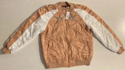 Kendall & Kylie Women Large Bomber Jacket Freedom Birds Satin Zip Up NEW Small - Image 1 of 4