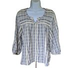 Knox Rose Womens Large Crinkle Top Cotton Striped 3/4 Sleeve Peasant Boxy Boho