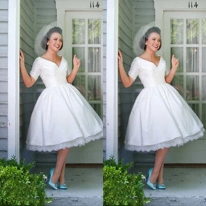 Elegant Wedding Dresses Short Sleeve Lace A Line Tea Length Bridal Gowns - Picture 1 of 8