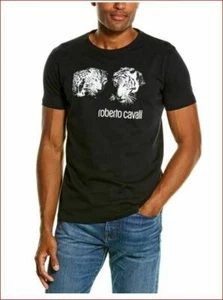 Camiseta para hombre Roberto Cavalli HST602 negra cuello redondo gráfico 100 % algodón  - Imagen 1 de 5