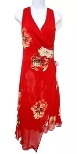 Donna Ricco Wrap Front Red Floral Sleeveless Asymmetric Dress Women's 6 MEDIUM - Picture 1 of 11