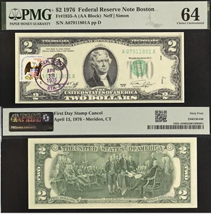 1976 $2 Federal Reserve Note PMG 64 - First Day Stamp Cancel - Meriden, CT - Picture 1 of 3