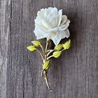 Vintage Pell Rose Brooch Pin Celluloid Enamel Leaves White Signed Signed
