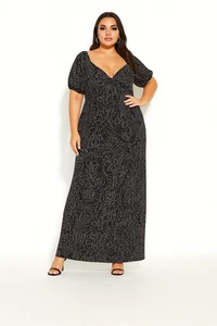 City Chic Black White Print Maxi Dress S/16 Short Sleeve Scoop Neck Boho Flowy - Picture 1 of 9