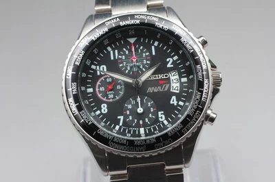 [Casi COMO NUEVO] SEIKO 7t92-0VG0 ANA Reloj de Cuarzo Negro para Hombre de JAPÓN Foto 1 de 4