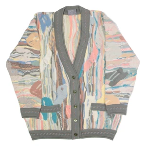 Vintage COOGI Mens Patterned Cardigan Pink Crazy Pattern V-Neck 90s Wool L - Picture 1 of 6
