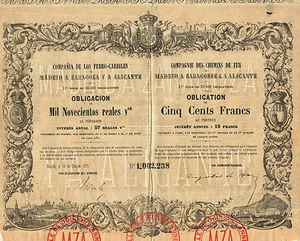 SPAIN MADRID, ZARAGOZA, ALICANTE RAILWAY stock certificate 1875  - Picture 1 of 1
