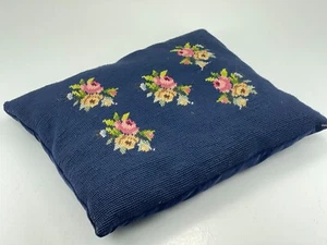 Vintage Needlepoint Needlework Pink Yellow Flowers Floral on Blue Velvety Back - Picture 1 of 5