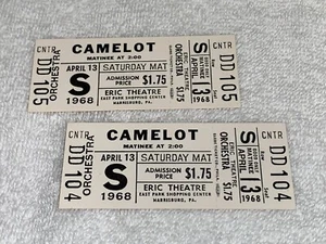 CAMELOTE VINTAGE 1968 ENTRADAS DE TEATRO SIN USAR ERIC THEATRE HARRISBURG PENNSYLVANIA - Imagen 1 de 6