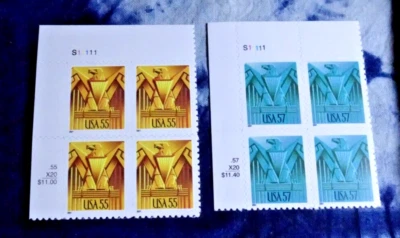 US 3471 AND 3471a ART-DECO EAGLE 55c & 57c STAMPS (2) PLATE# BLOCKS OF *4" MNH!! - Image 1 of 2