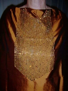 2yds COGNAC THAI SILK HAND GOLD BEADED NECK BIB RHINESTONES FABRIC IRIDESCENT - Picture 1 of 3