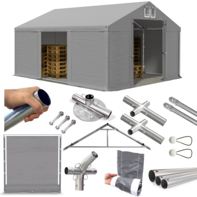 ZELTLICH LAGERZELT 5x6 Zelthalle Weidezelt Werkstattzelt 6x5 Ganzjähriges NEU grau PVC W