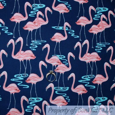 Edredón de algodón BonEful tela FQ azul marino rosa flamenco agua agua agua Florida niña L Foto 1 de 4