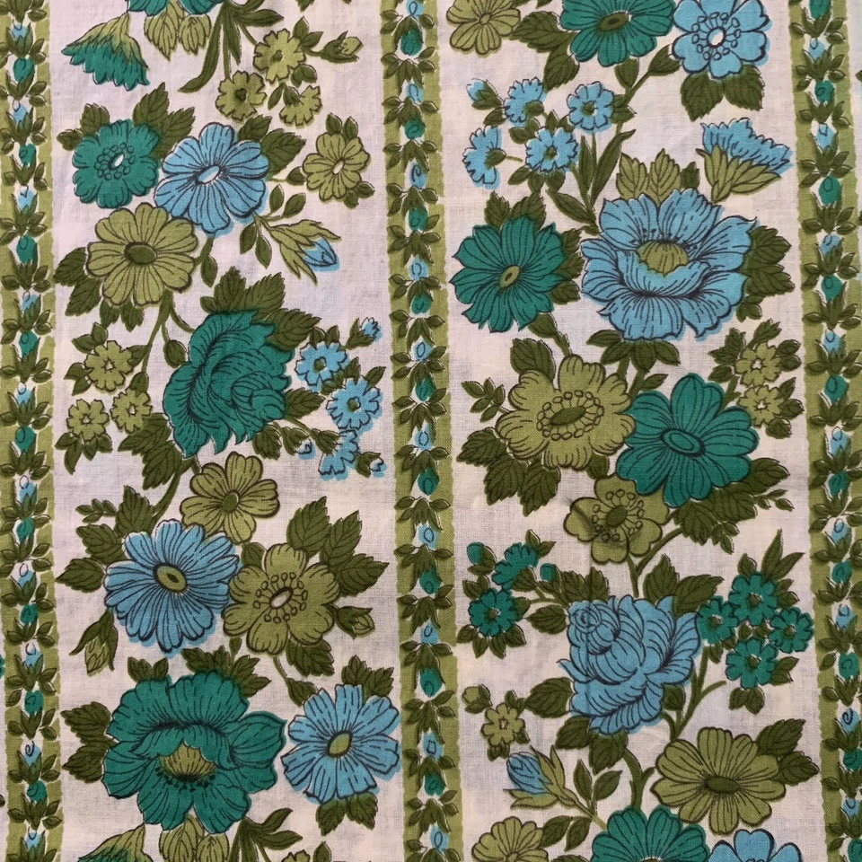 Vintage 60s Thin Soft Cotton Mod Green & Multicolor Floral Fabric Approx 136x41” - Image 1 of 4