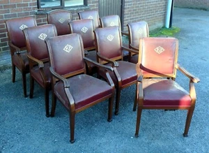 Set 10 Edwardian antique solid mahogany brown leather upholstered dining chairs - Picture 1 of 10