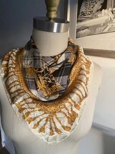 Vintage Massardi Paris Scarf 100% Silk Gold, Black, Beige Hand Rolled 35” Sq - Picture 1 of 6