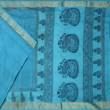 Vintage Blue 100%Pure Cotton Saree Zari Border Peacock Printed Sari Craft Fabric