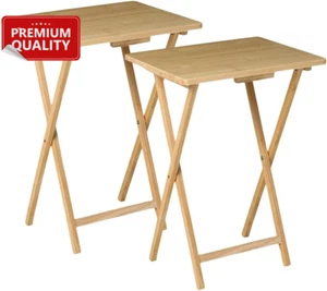 Set of 2 Folding Bamboo Bedside Tables, TV Tray, Snack Table, Compact & Portable - Picture 1 of 12