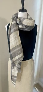 Eskandar Vintage Designer 100 % Leinen Schal schwarz & creme kariert lang Korbgeflecht - Bild 1 von 14