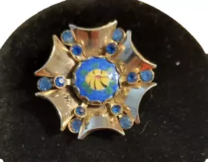 VITAGE GOLDTONE BLUE RHINESTONES & HANDPAINTED BROOCH - Picture 1 of 3