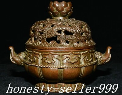 6.2" Antigua Dinastía Púrpura Bronce Dragón Bestia Animal Quemador Incienso Censario Foto 1 de 4