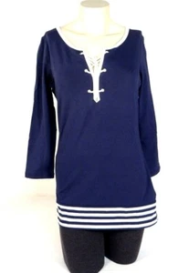 Nautica Navy Blue & White Stretch 3/4 Sleeve Shirt Women's Large L NWT - Picture 1 of 4