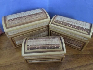 3 bamboo/rattan nesting hinged rounded lid basket/boxes - Picture 1 of 9