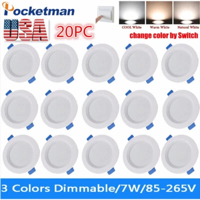 10/20/30PC 7W 3Color Dimmable LED Downlight Recessed Ceiling Panel Light 85-265V - Image 1 of 4