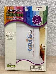 Janlynn Needlecraft Color Wiyh Stitches 2 Stamped Pillowcases Cats 20x30" New - Picture 1 of 2