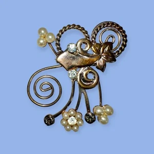 VTG FLORAL SPRAY BOUQUET BROOCH ANTIQUE Rhinestone ART DECO MODERN SWIRL ARROW - Picture 1 of 16