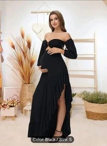 Elegant Off-Shoulder Maternity Dress with Asymmetrical Ruffle Hem - Black - Picture 1 of 6